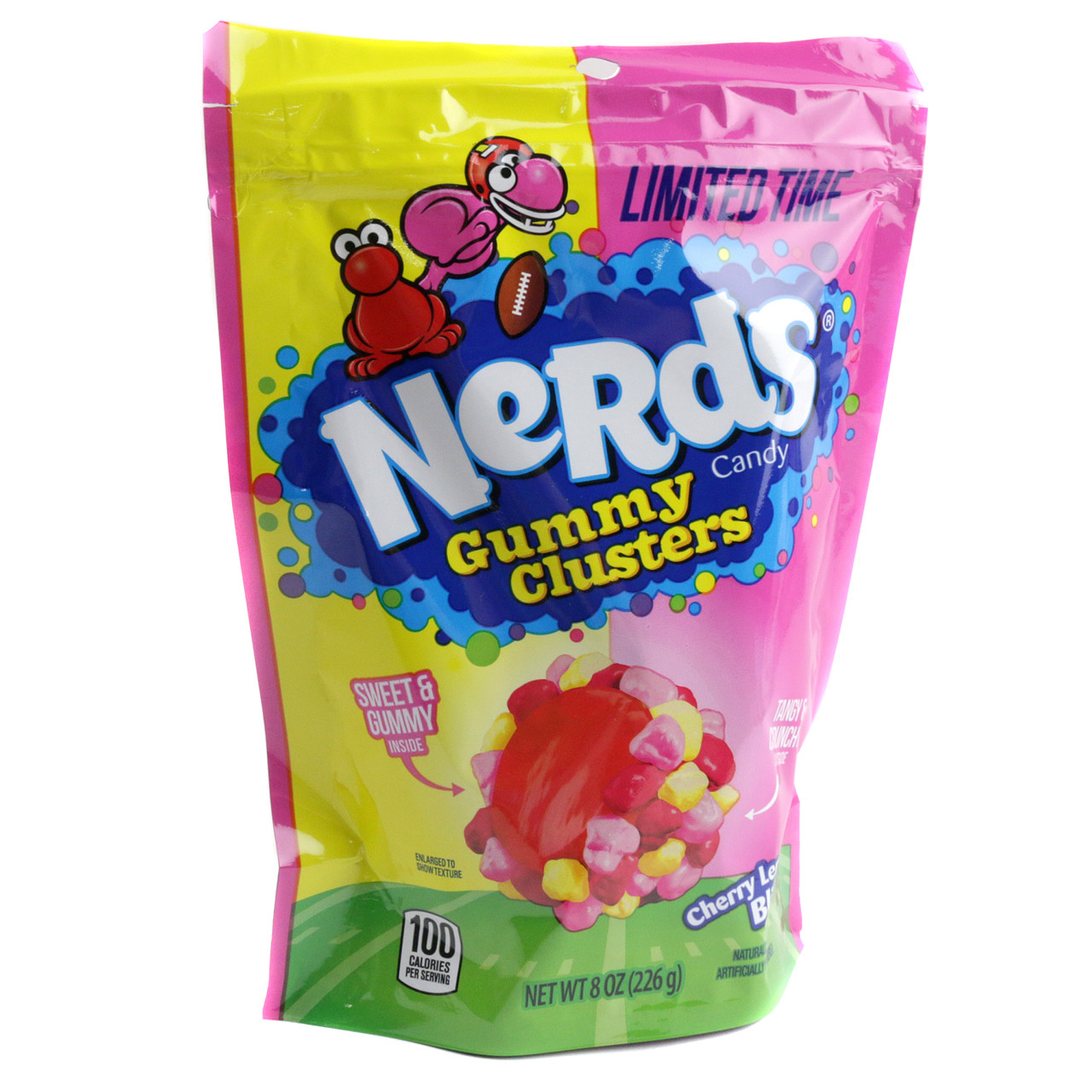 Nerds Clusters Cherry Lemonade, bright red, yellow bite-sized candies, crunchy Nerds coating, gummy centers, bulk ~200 per pound.