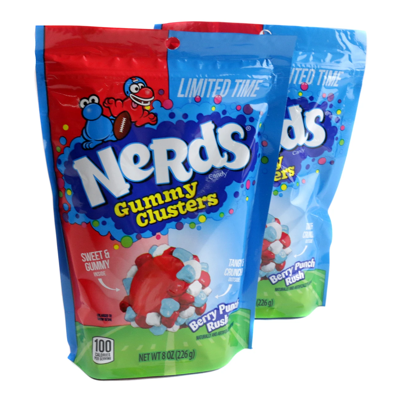 Nerds Clusters Berry Punch, colorful red, blue gummy candy with tangy crunch. Approx 200 per pound.