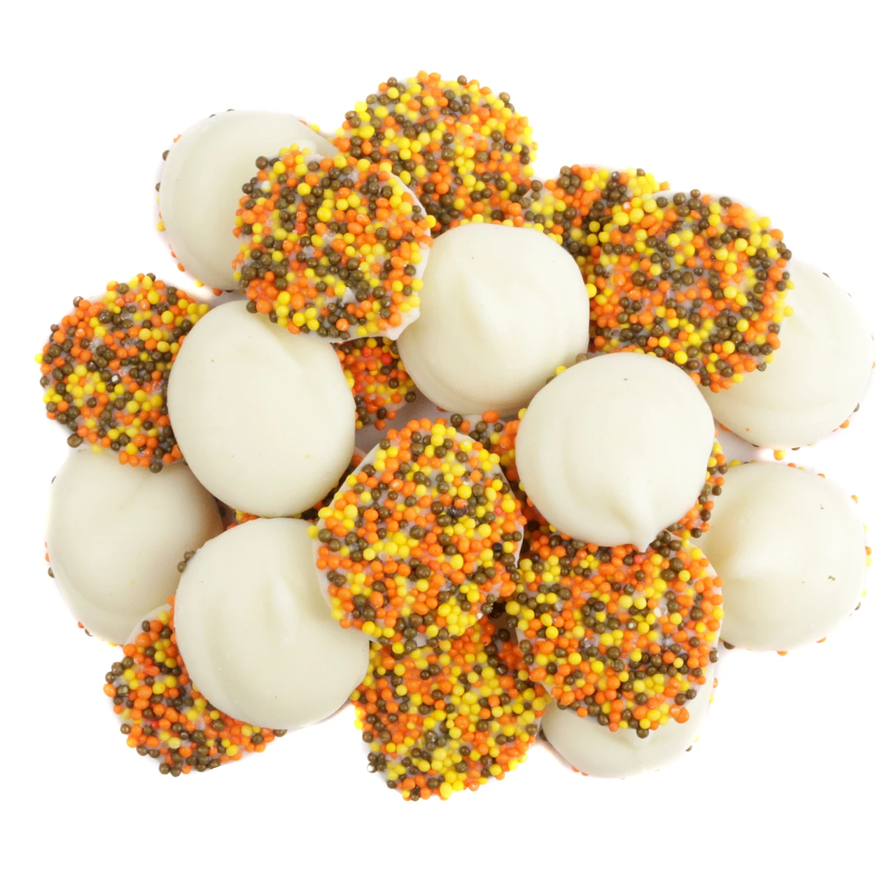 Fall White Chocolate Nonpareils, 130 pcs, creamy white discs, autumn orange, yellow, brown sprinkles