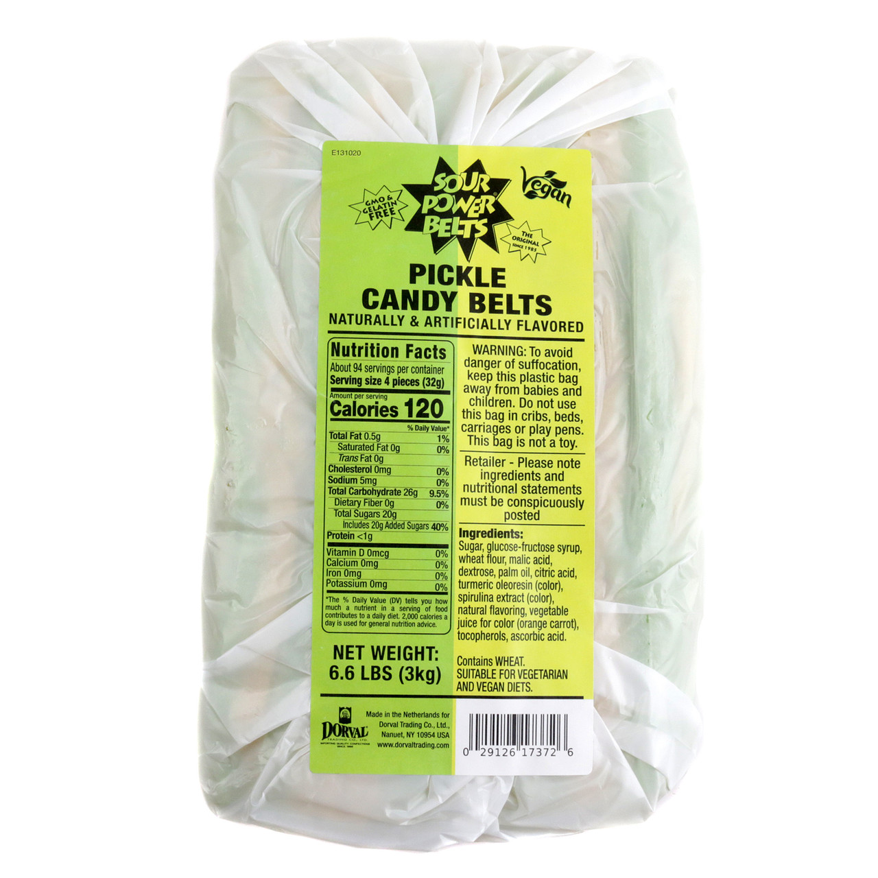 Green pickle sour candy belts, chewy, stretchy. Briny dill pickle flavor, mouth-watering sour kick, tangy, salty.