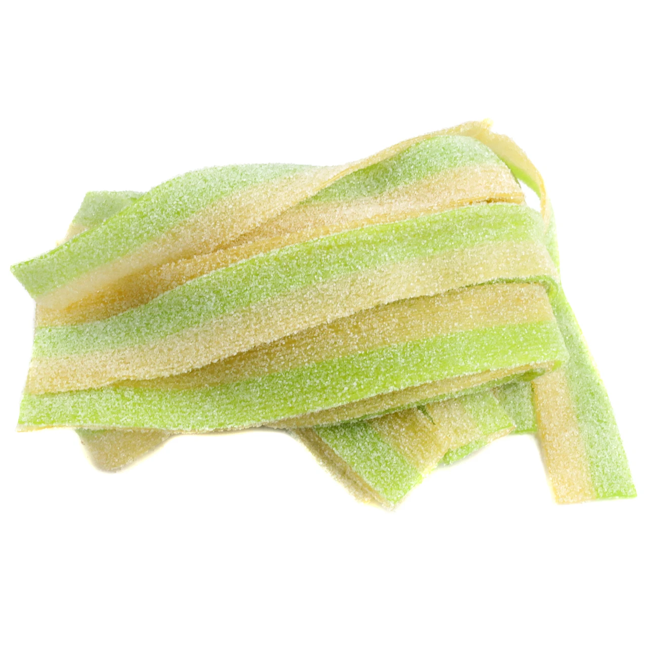 Green pickle sour belts, chewy and stretchy, delivering a bold briny dill pickle flavor and sour kick.