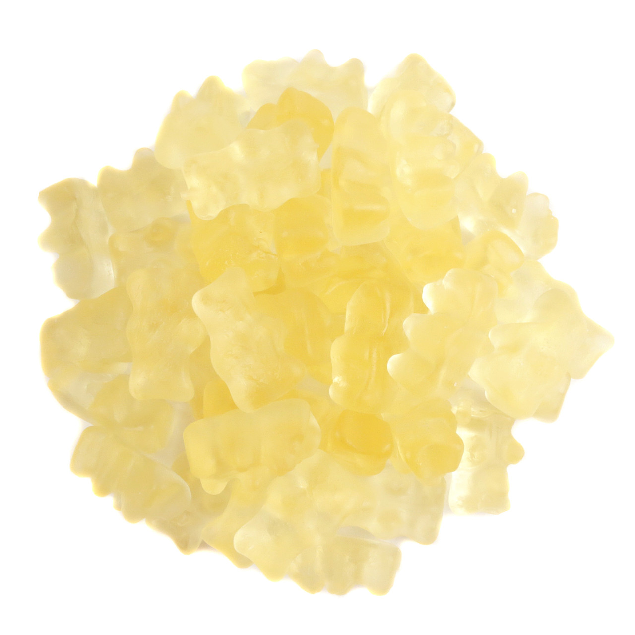Bright yellow sparkling sour Prosecco gummy bears, approx 72 per pound, elegant grown-up candy from Belgium.