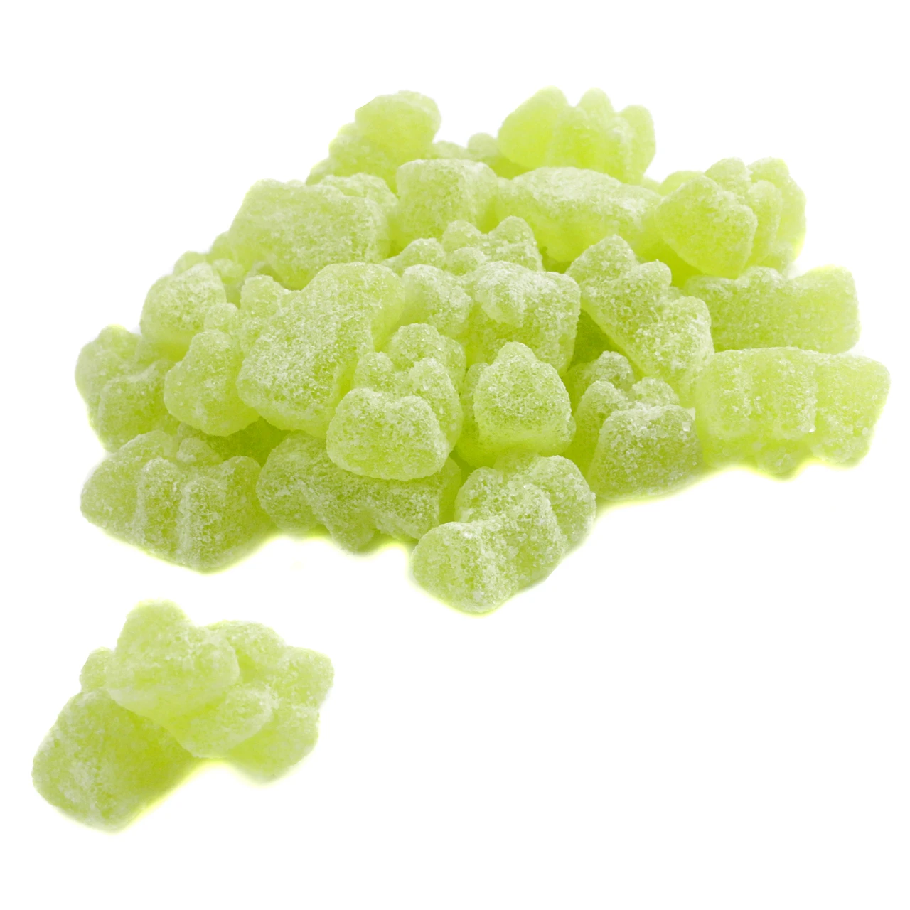 Green sour Margarita gummy bears. Approx 72 per pound, bursting with zesty lime and orange flavors.