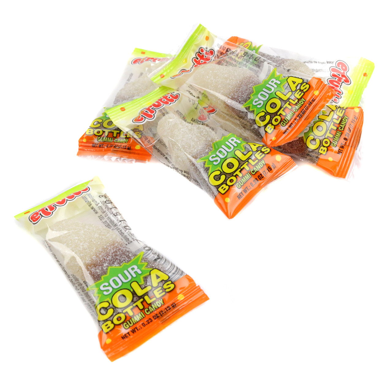 Efrutti Sour Cola Bottles, brown gummy candy, shaped like classic cola bottles, coated in sour sugar, approx. 64 per pound.