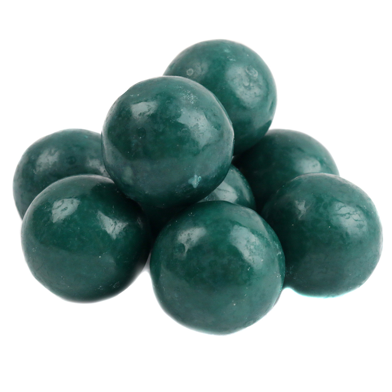 Dark green, 1-inch apple gumballs, glossy finish, vibrant bulk candy, approximately 60 gumballs per pound.