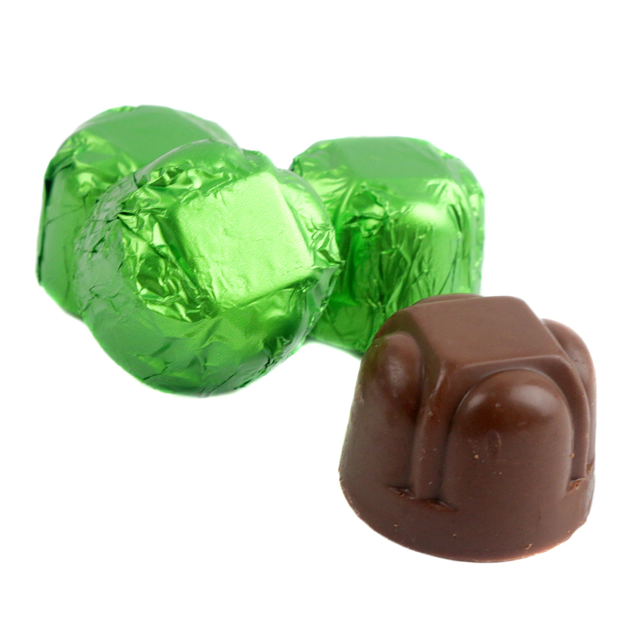 Ashers Milk Chocolate Dubai Truffles, green foil wrapped, creamy pistachio & Kadayif center, approx 31 pcs.