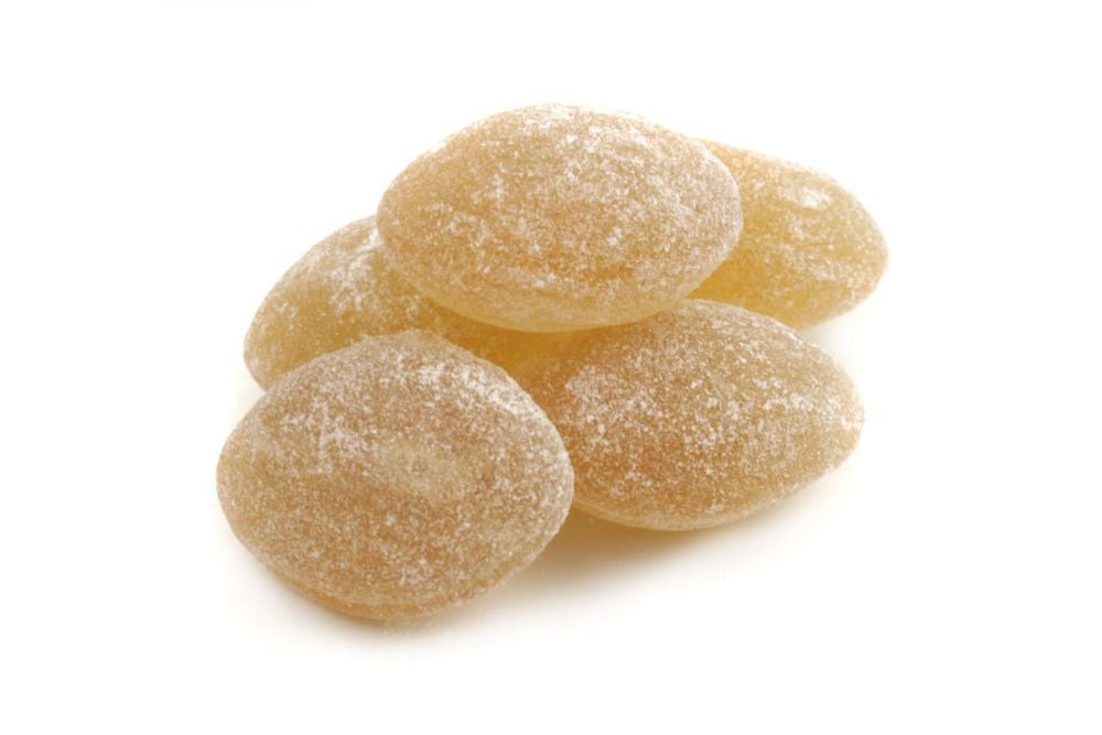 Claeys Ginger Hard Candy, sugar-sanded drops. Light brown, natural ginger flavored, 75 pieces, Made in USA.