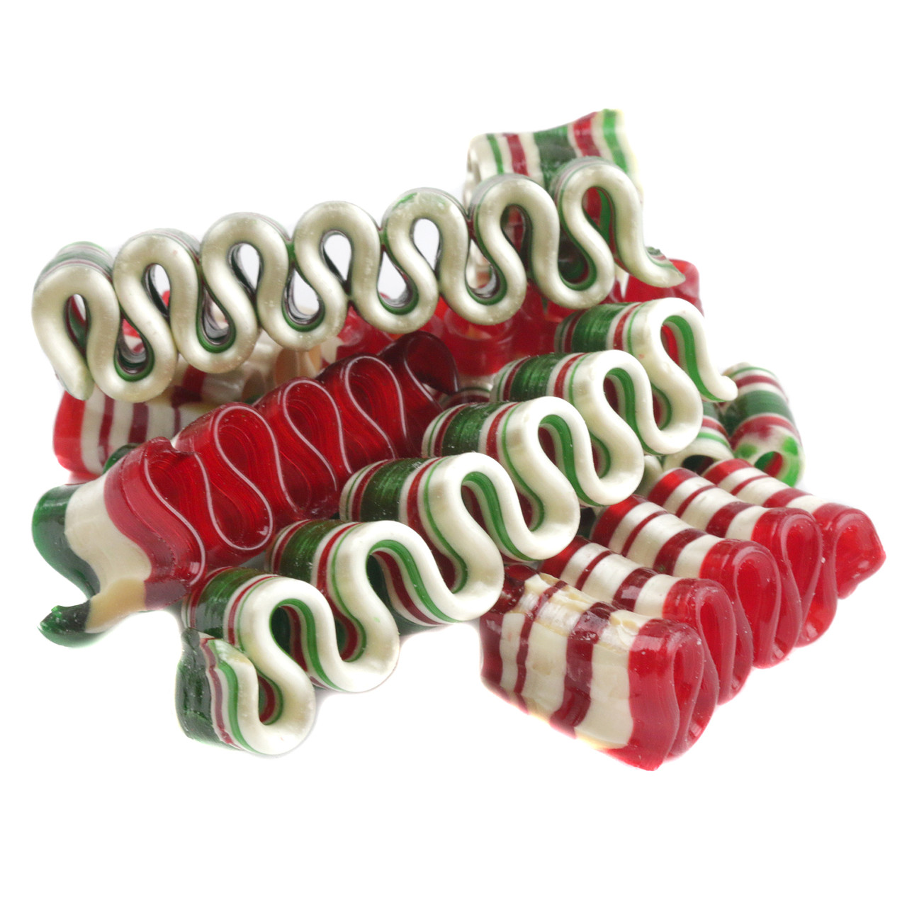 Hammonds Mini Ribbon Christmas Candy. Vibrant red, green, white handcrafted bite-sized hard candy ribbons. Peppermint, cherry, cinnamon.