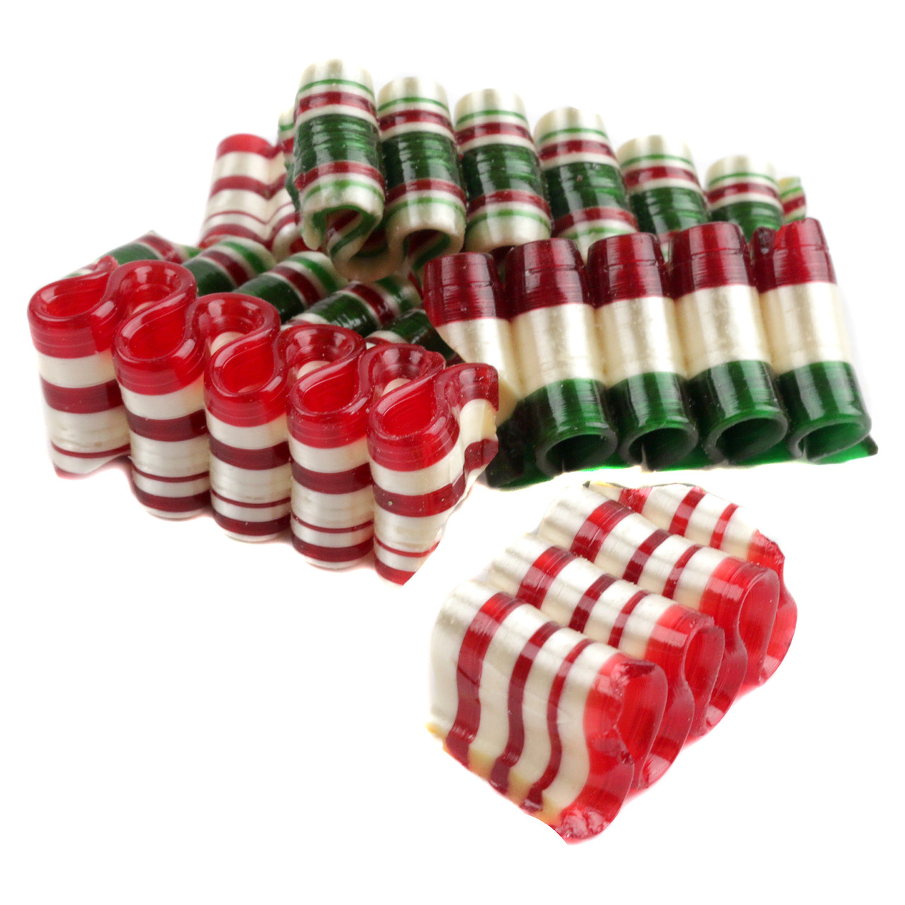 Hammonds Mini Ribbon Christmas Candy, bite-sized, vibrant red, green, white peppermint, cherry, cinnamon hard candy.