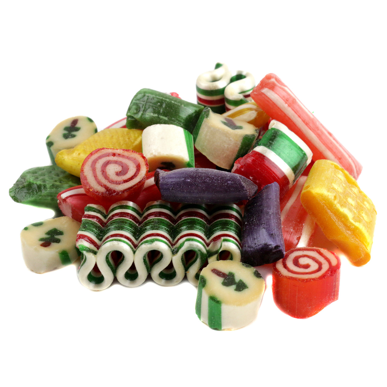 Hammonds Old Fashioned Hard Christmas Candy, bite-sized ribbons, peppermint straws, cut rock pieces, festive rainbow colors.
