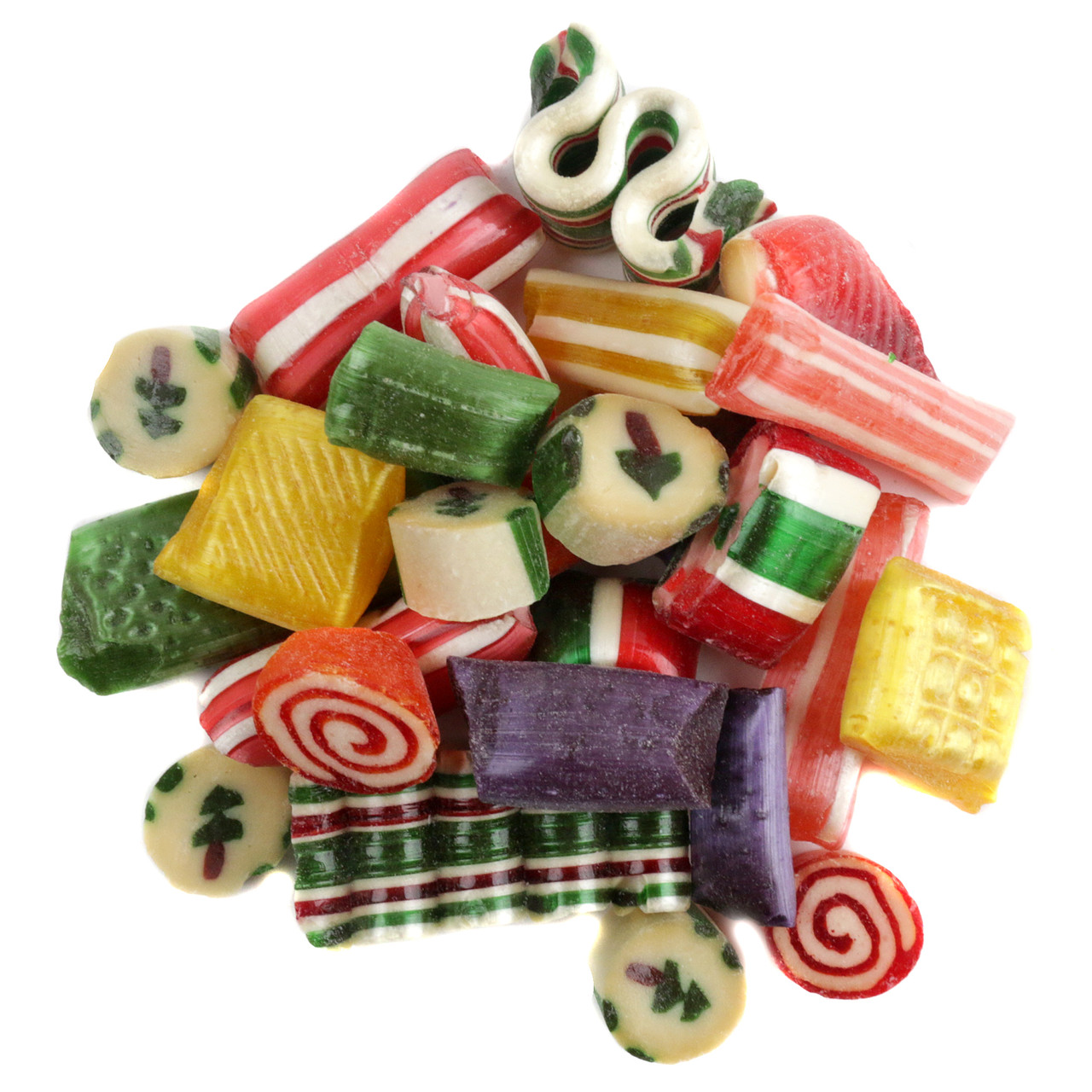 Hammonds Old Fashioned Hard Christmas Candy, bite-sized ribbons, peppermint straws, cut rock pieces, festive shapes, rainbow colors.