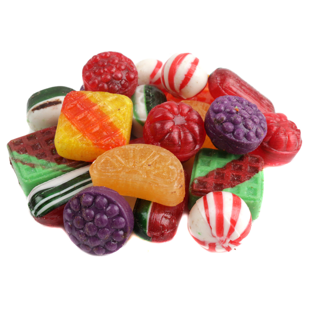Assorted old fashioned Christmas hard candies, colorful unwrapped shapes, peppermints, fruit, dark chocolate-filled.