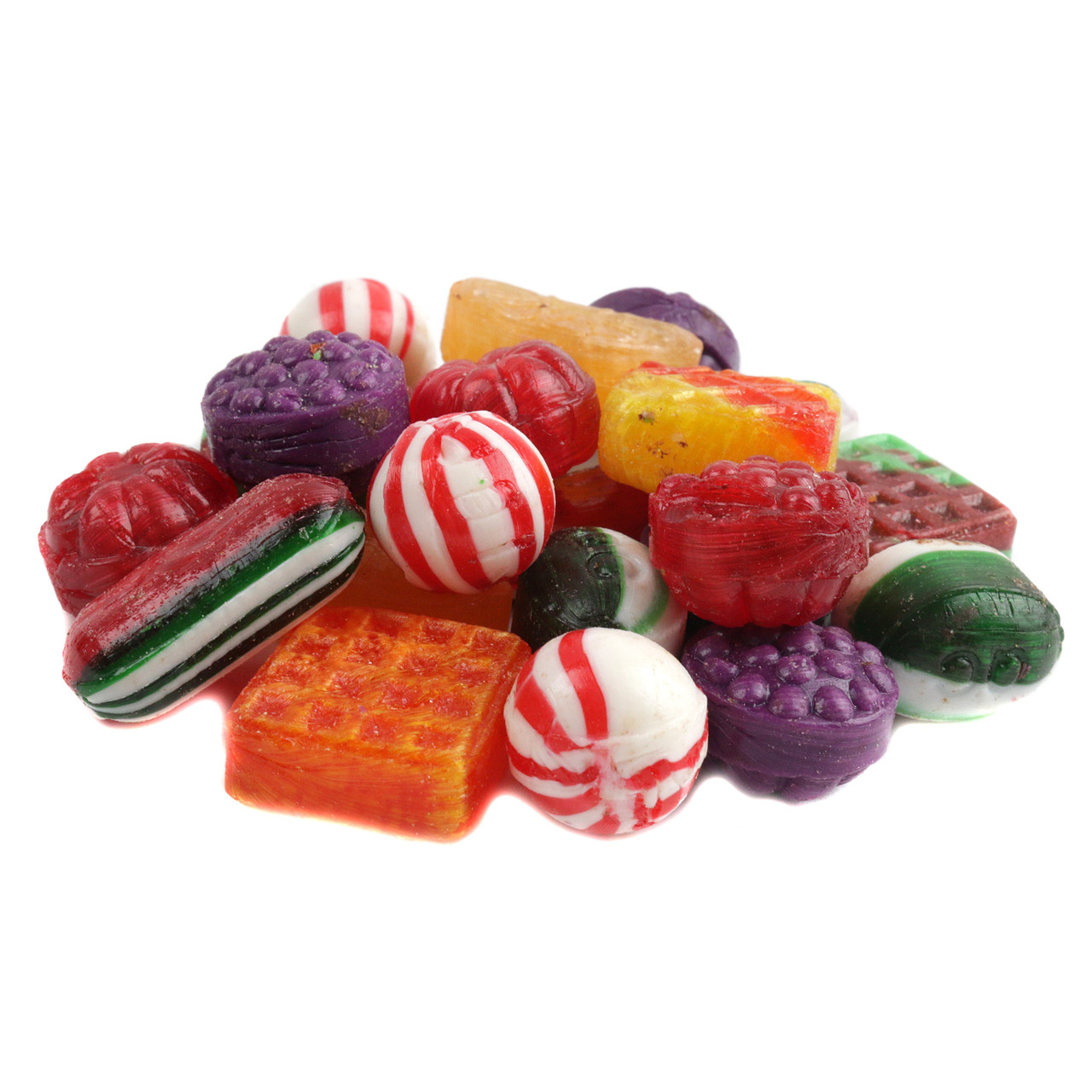 Old fashioned Christmas hard candy mix, various bright colors & shapes. Quality Candy Co. retro filled candy with dark chocolatey centers.