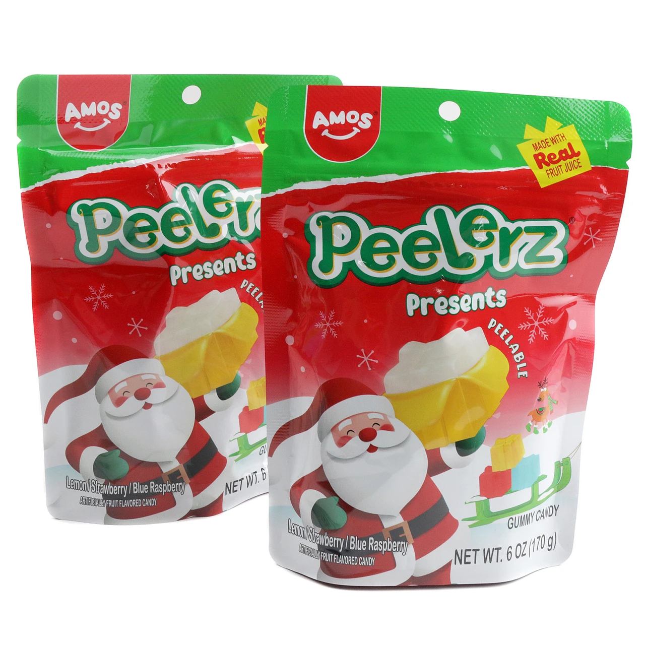 Peelerz Christmas present-shaped peelable gummies, 30 vibrant yellow, red, blue pieces. Lemon, strawberry, blue raspberry, 6oz.