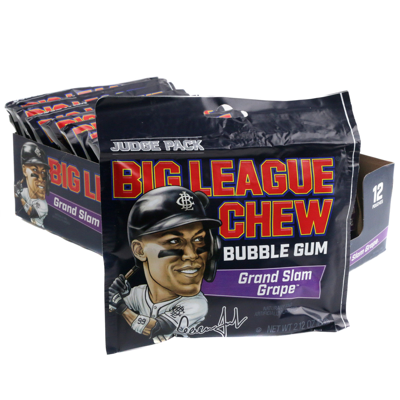 Purple Big League Chew Grand Slam Grape shredded bubble gum pouch, featuring Aaron Judge, New York Yankees.