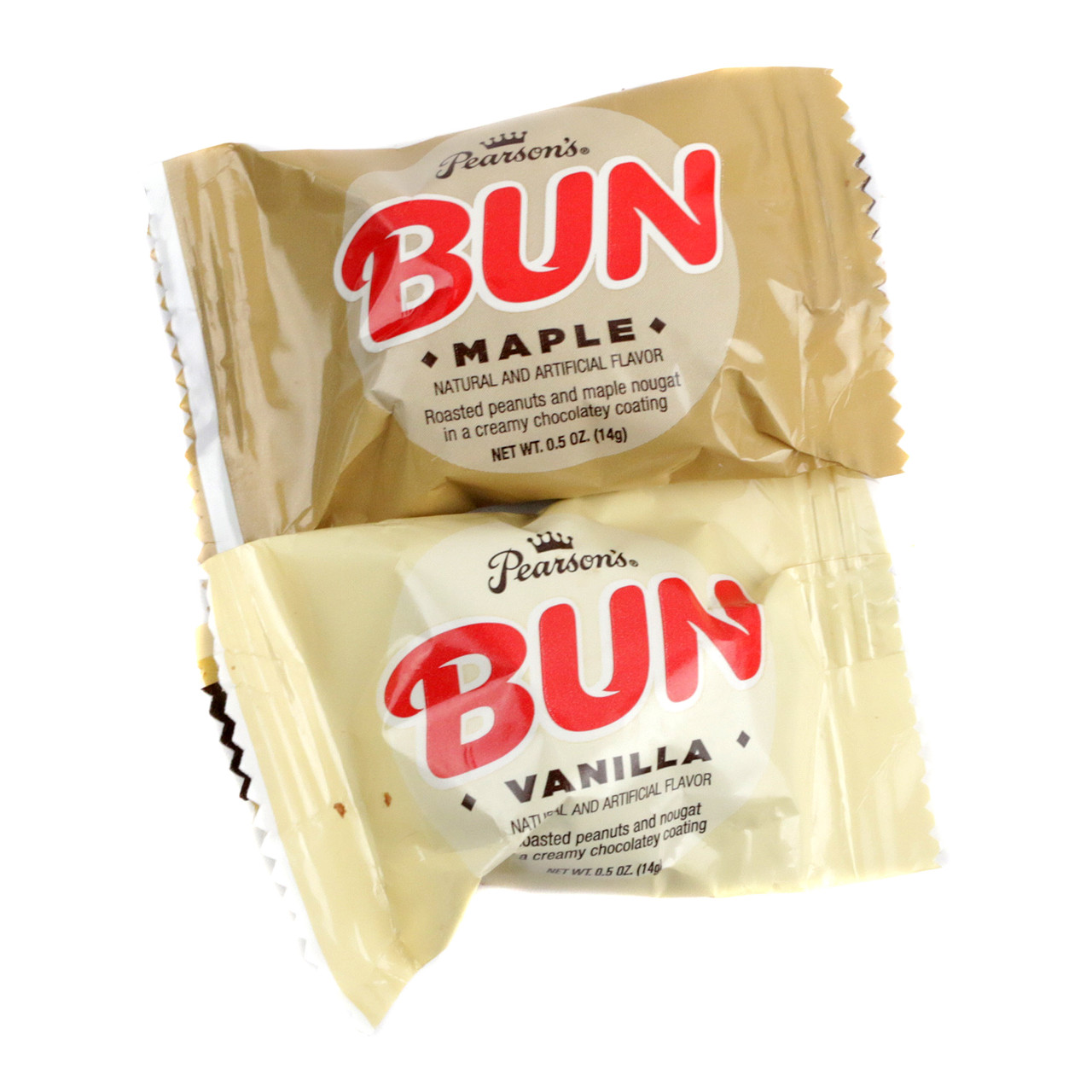18 bite-size Pearson's Bun Bars, maple & vanilla nougat, milk chocolate, roasted peanuts, 9oz bag.