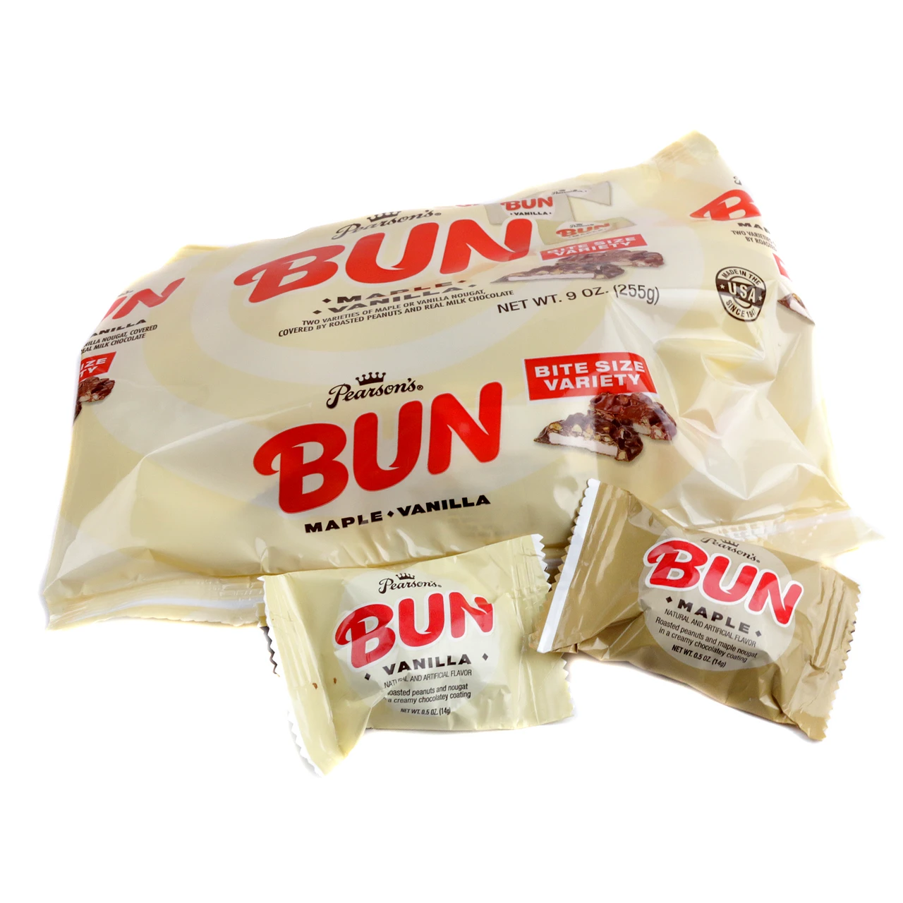 Pearsons Bun Bar Bite Size Assortment 9oz bag, 18 maple & vanilla nougat bars, roasted peanuts, milk chocolate.