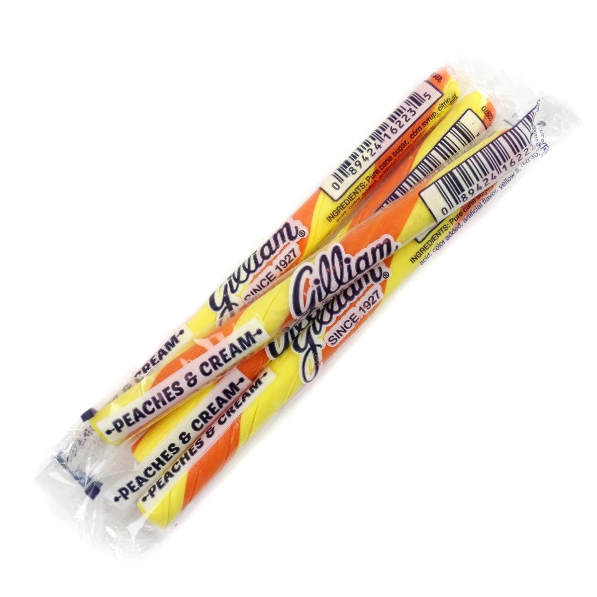 80 Gilliam Old Fashioned Peaches & Cream striped hard candy sticks, individually wrapped, 5 inches long.
