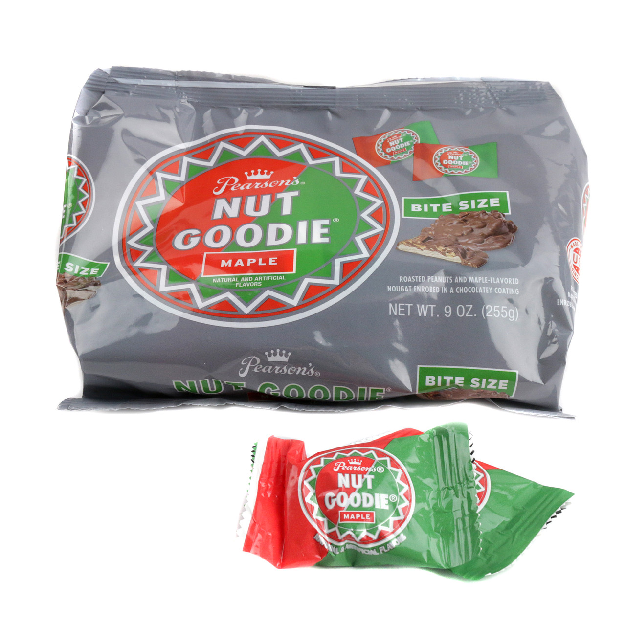 Pearsons Bite Size Nut Goodies, 9oz bag, 18 chocolate-covered maple nougat and roasted peanut candies.