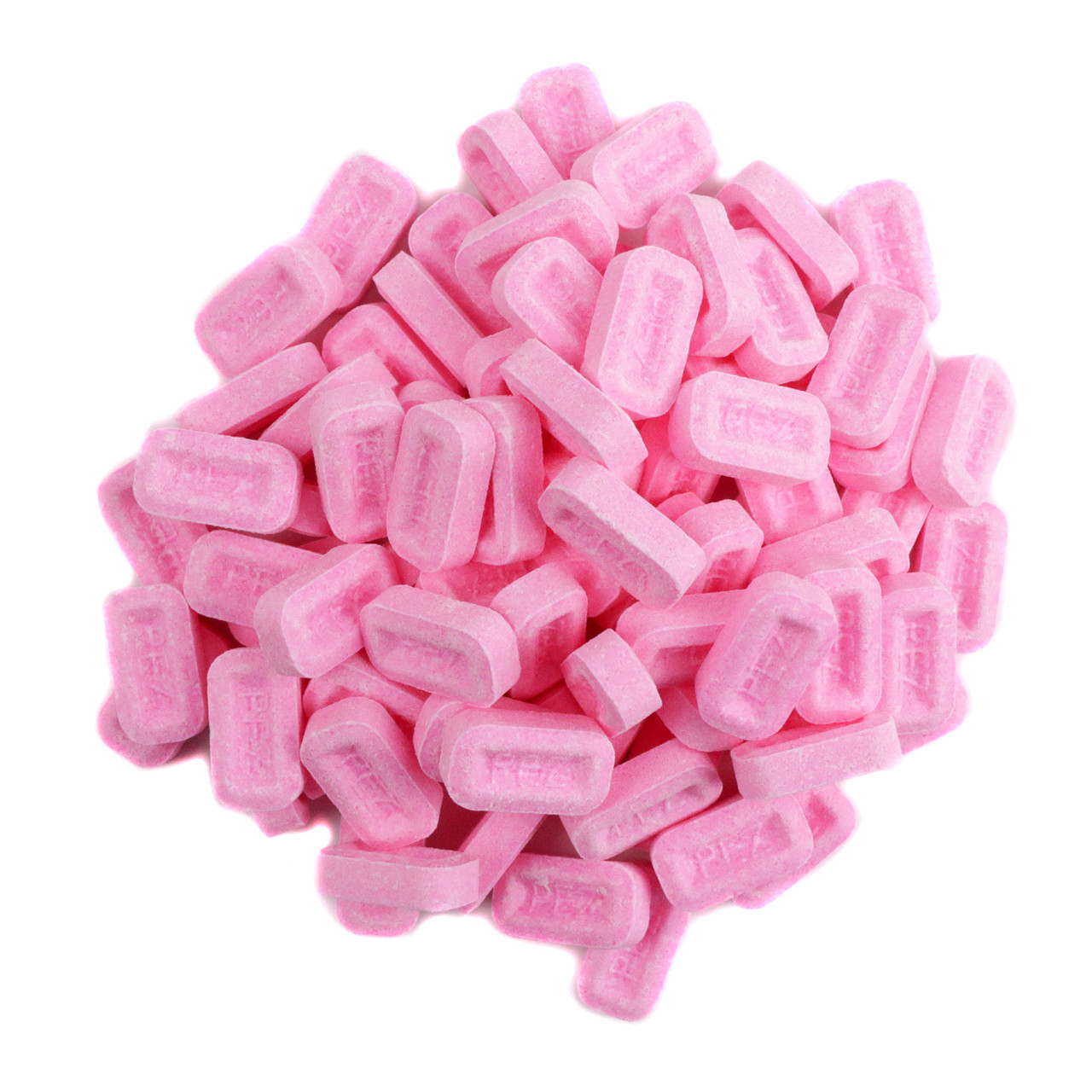 Sweet pink strawberry Pez candy, bulk unwrapped.