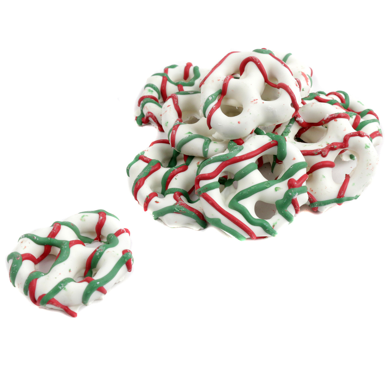 Mini white yogurt covered pretzels, red and green holiday drizzle.