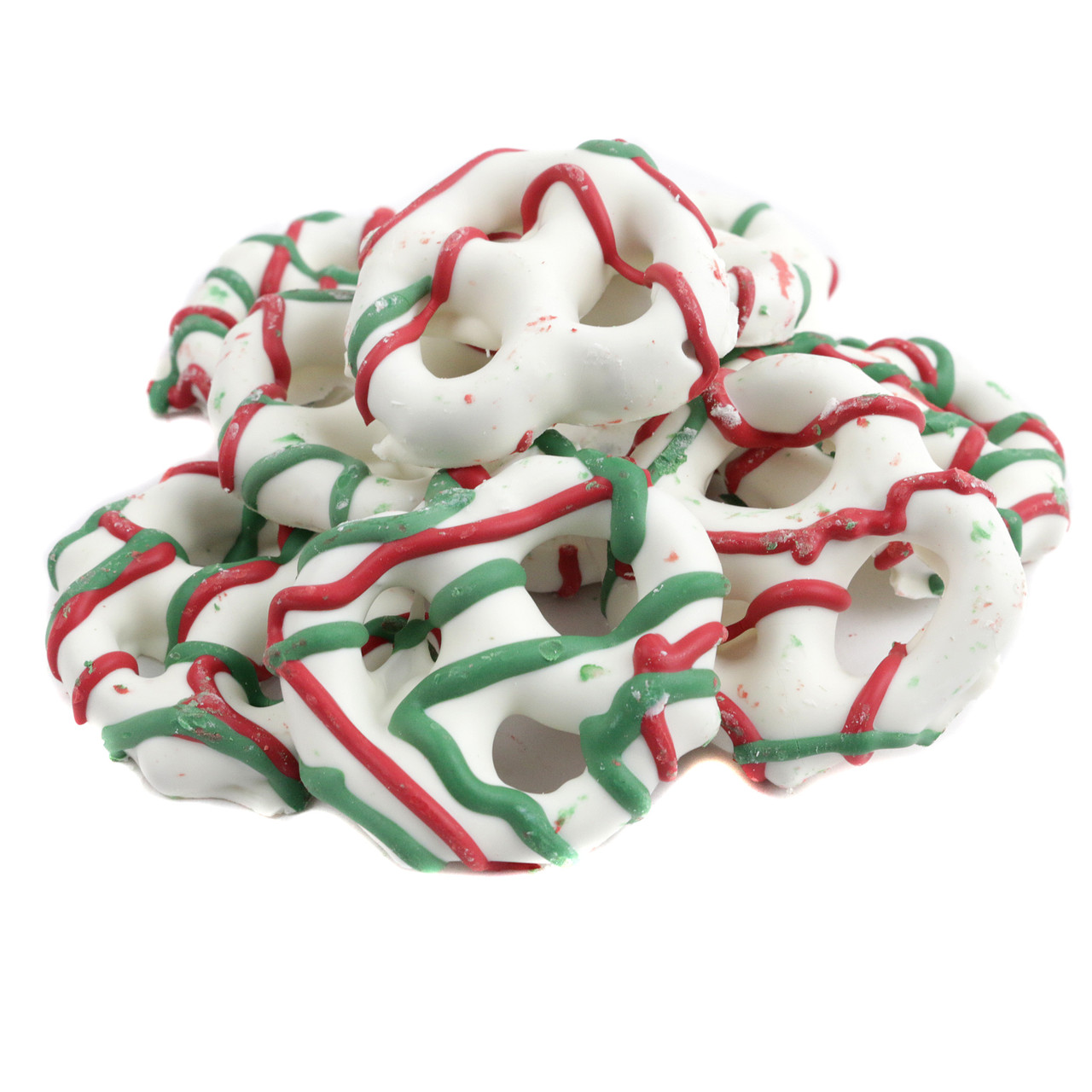 Mini white yogurt covered pretzels, sweet and salty, red and green drizzle, Christmas candy.
