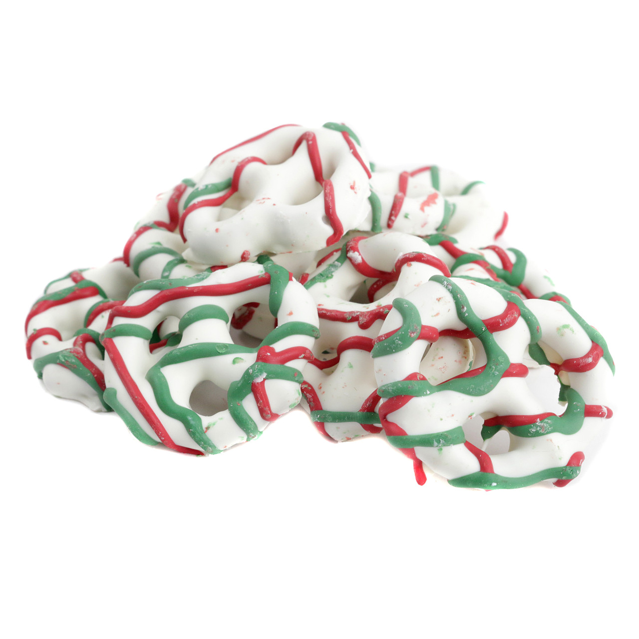 Mini white yogurt covered pretzels with festive red and green drizzle. Christmas candy, sweet and salty treat.