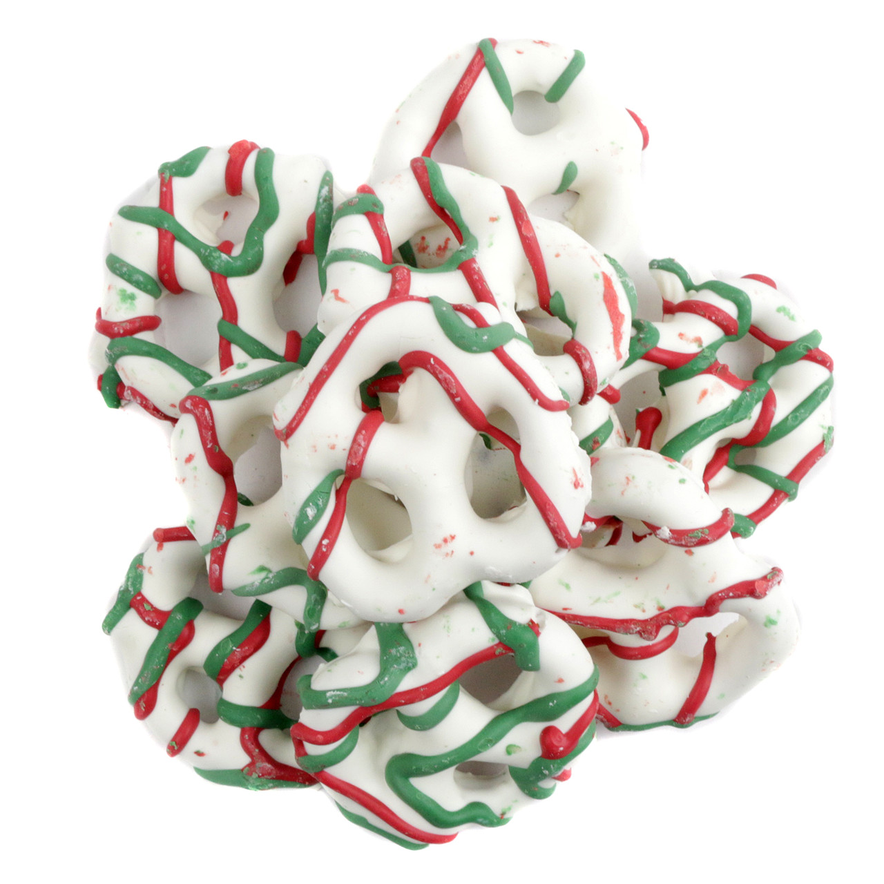 Mini white yogurt covered pretzels with festive red and green drizzle. Delicious Christmas holiday candy snack.