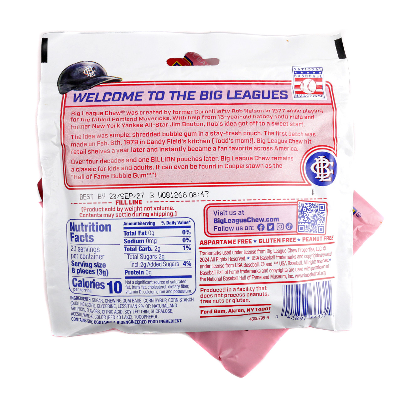 Big League Chew Punch Out Pink Lemonade shredded bubble gum, bright pink pouch. Sweet, tart, refreshing baseball candy.