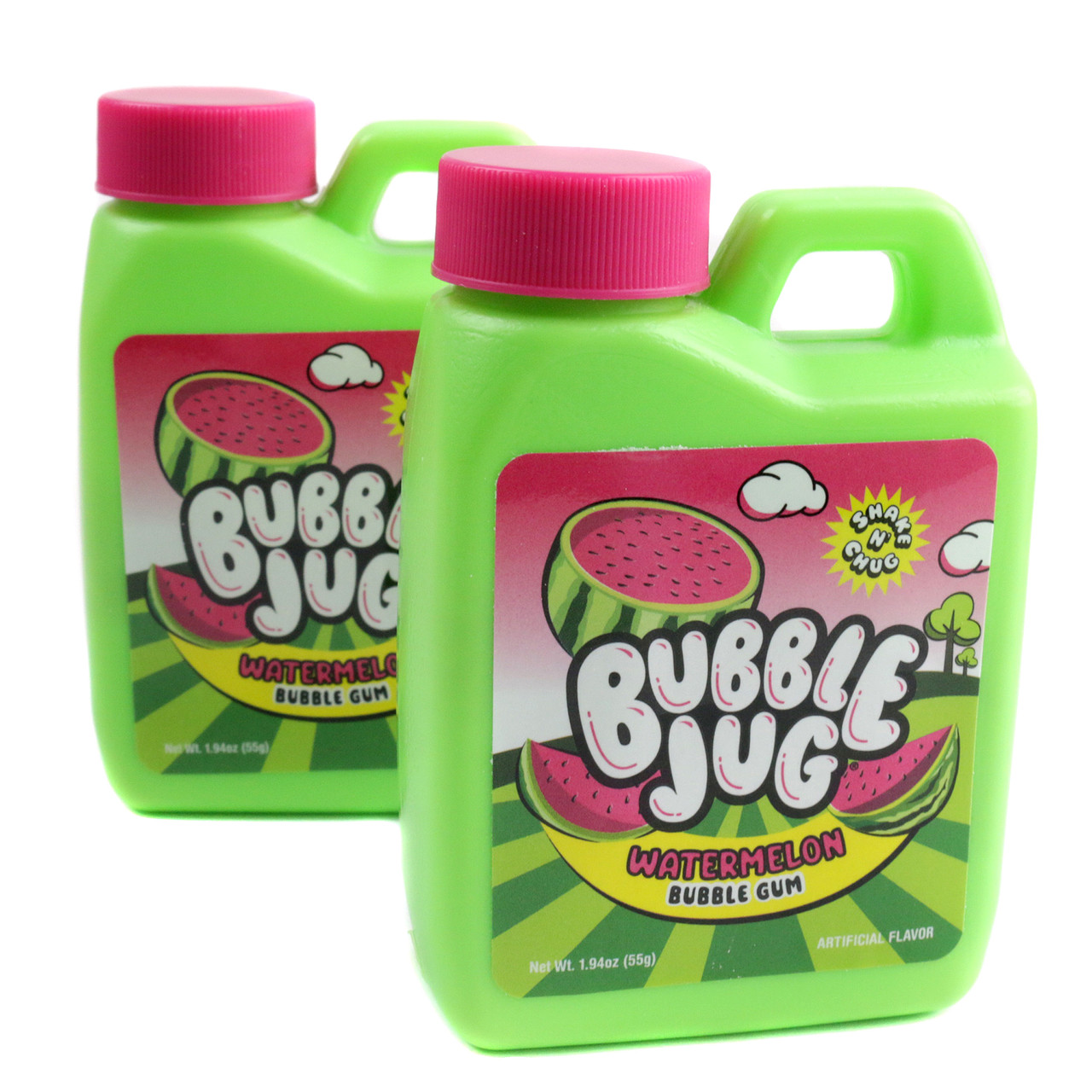 Twelve 1.94oz watermelon bubble gums, each in a vibrant red and green Bubble Jug container, retro candy.