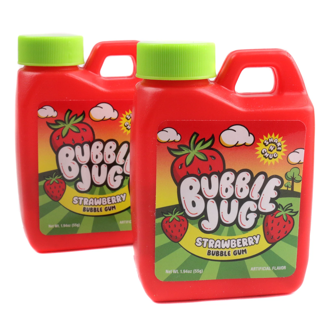 12 red iconic Bubble Jugs of sweet strawberry bubble gum, 1.94oz each, perfect for big bubbles.