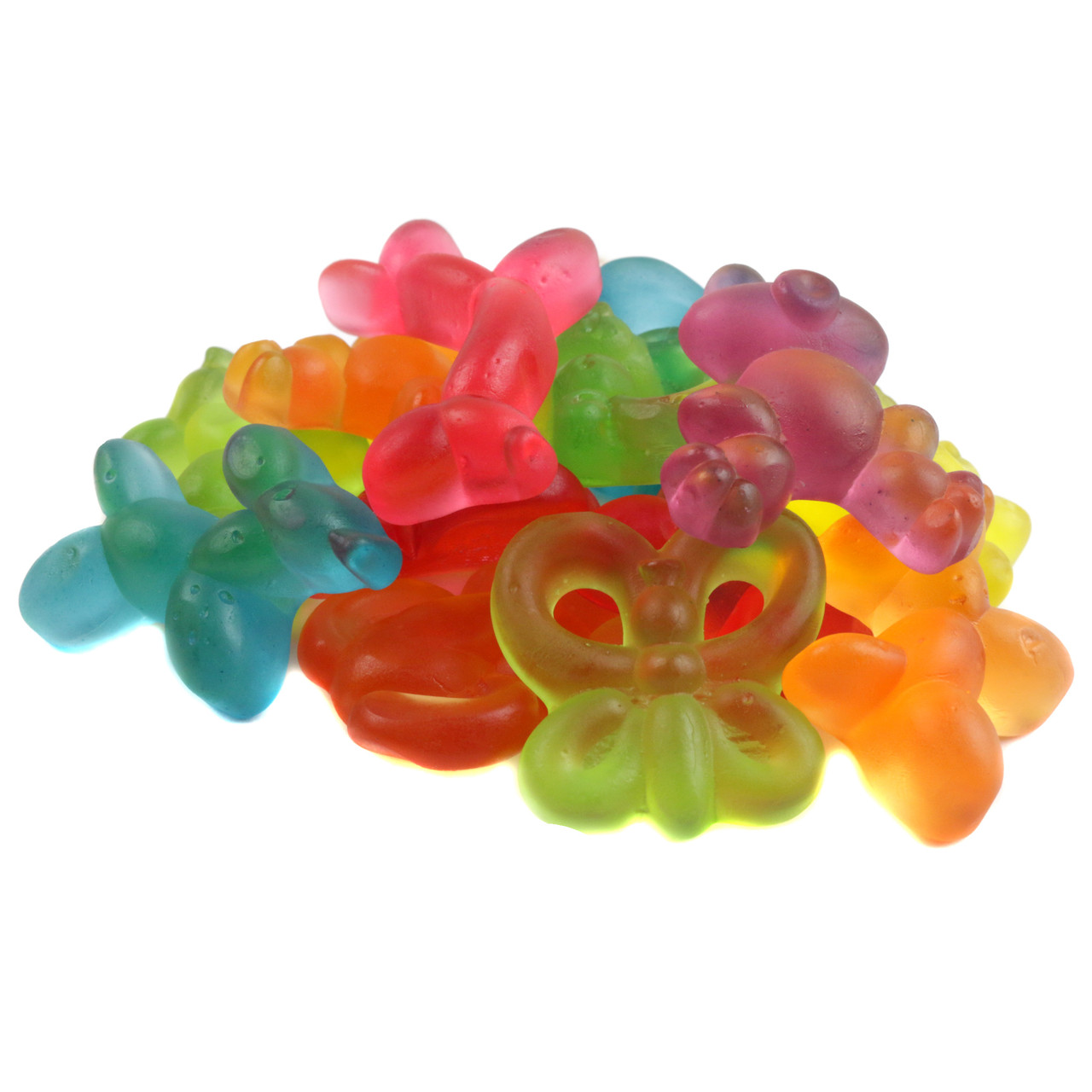 Colorful gummy balloon animals, approximately 70 per pound, with bright fruit flavors and knotty designs.