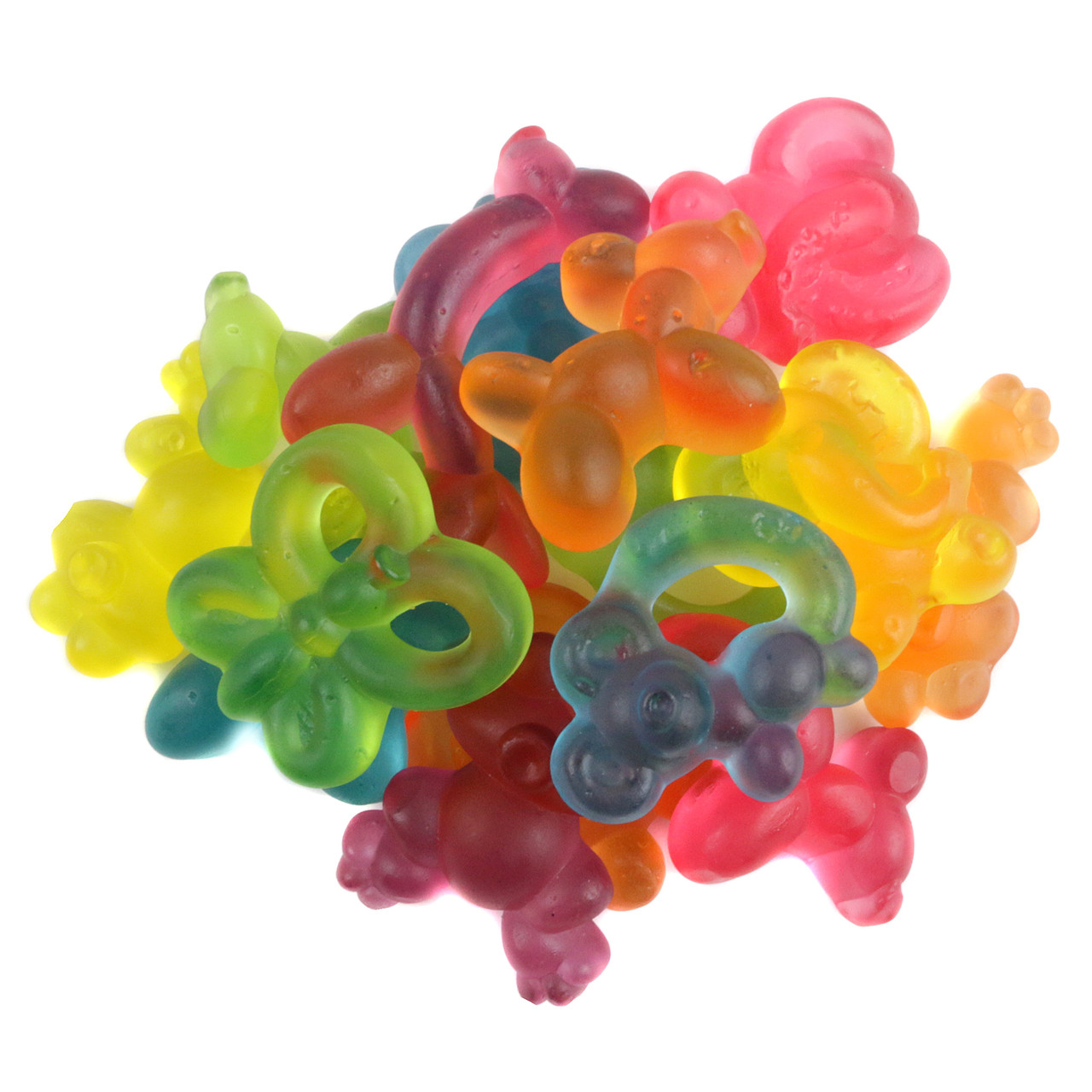 Colorful gummy candy shaped like balloon animals, soft chewy fruit-flavored treats, approx. 70 per pound.