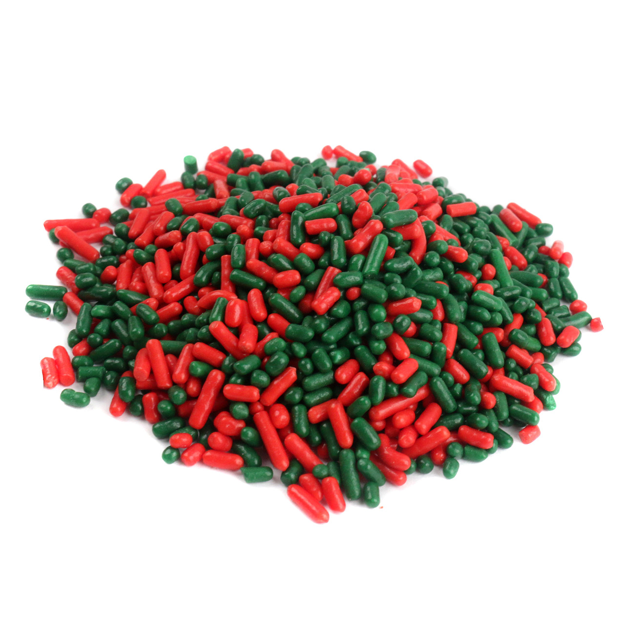 Bright red and green Christmas sprinkles for holiday baking, decorating cookies, cakes, cupcakes.