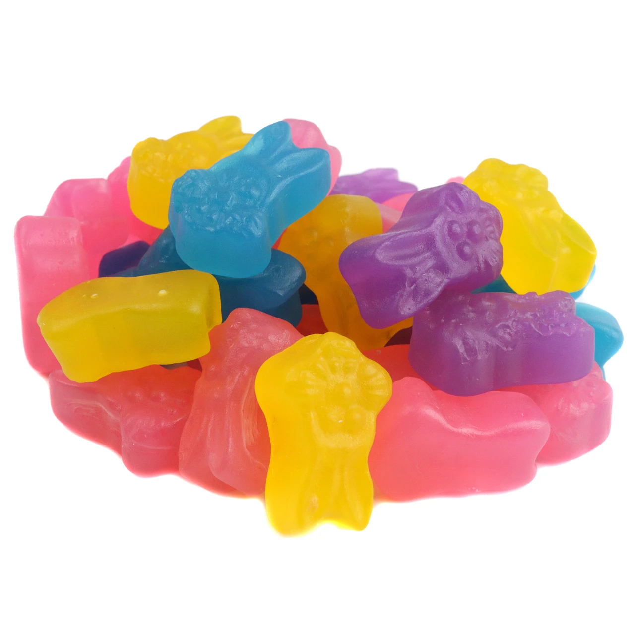 Brightly colored Easter Rabbit Jubes, chewy fruit-flavored candy in cute rabbit shapes. Approx. 70 per pound, perfect for Easter.