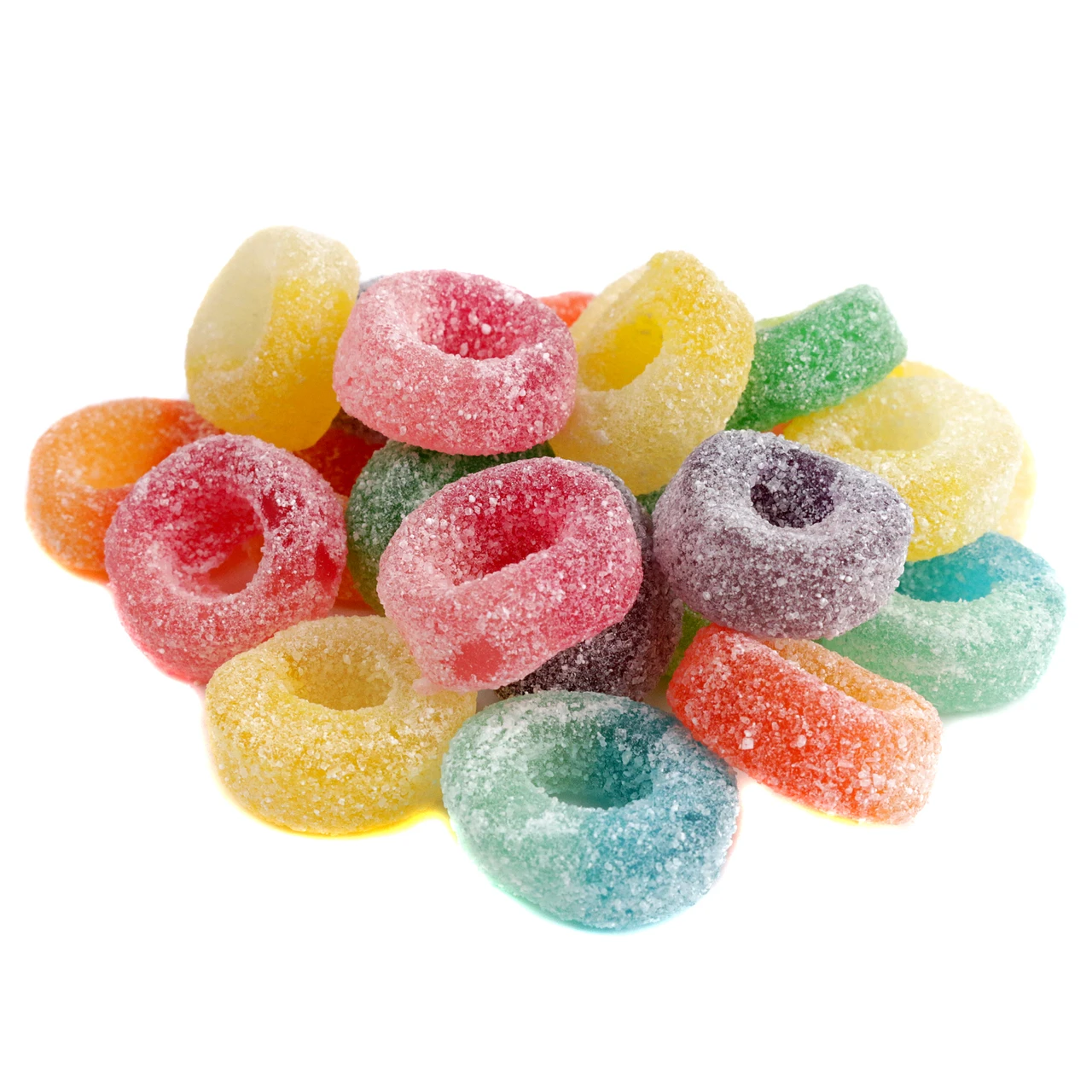 Albanese Sour Mini Puckerings. Colorful red, orange, yellow, blue, purple bite-sized gummies with sparkling sour sugar coating.
