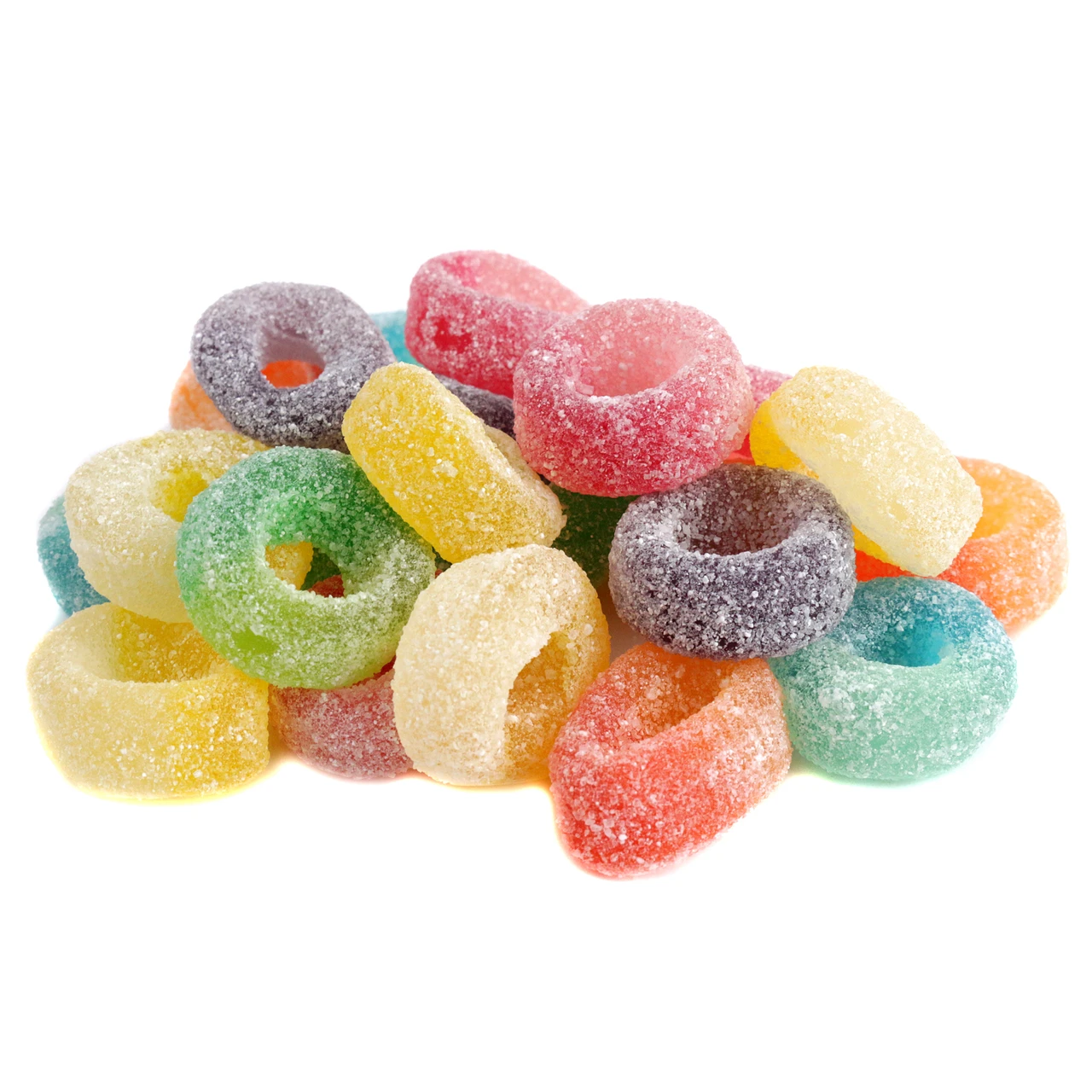 Albanese Sour Mini Puckerings. Assorted colorful, sour sugar coated gummy candies. Cherry, orange, blue raspberry, grape, mango. 100 per pound.