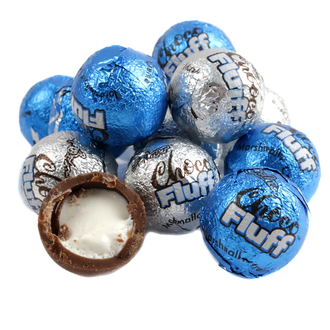 Palmer Chocofluff chocolate-covered marshmallow balls, rich brown coating, fluffy white centers, approx 48 per pound.