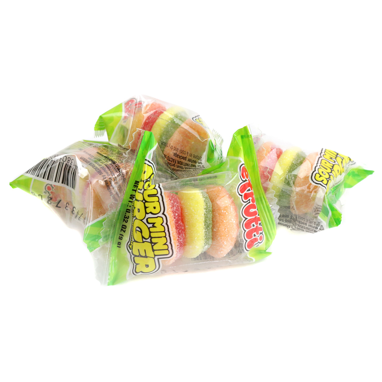 Efrutti Sour Gummy Mini Burgers, 2LB bag. 100 sour candies with colorful gummy layers of bun, lettuce, cheese, patty.