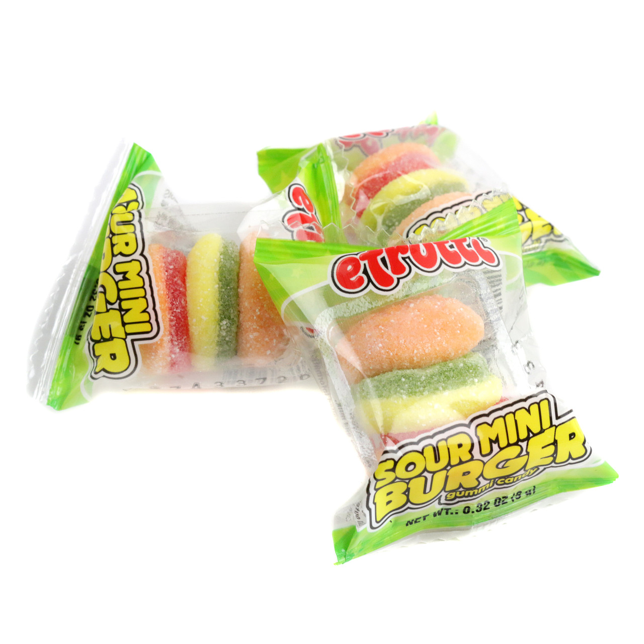 2LB bag of Efrutti Sour Gummy Mini Burgers, colorful layers mimic bun, lettuce, cheese, patty. Approx 100 pieces.