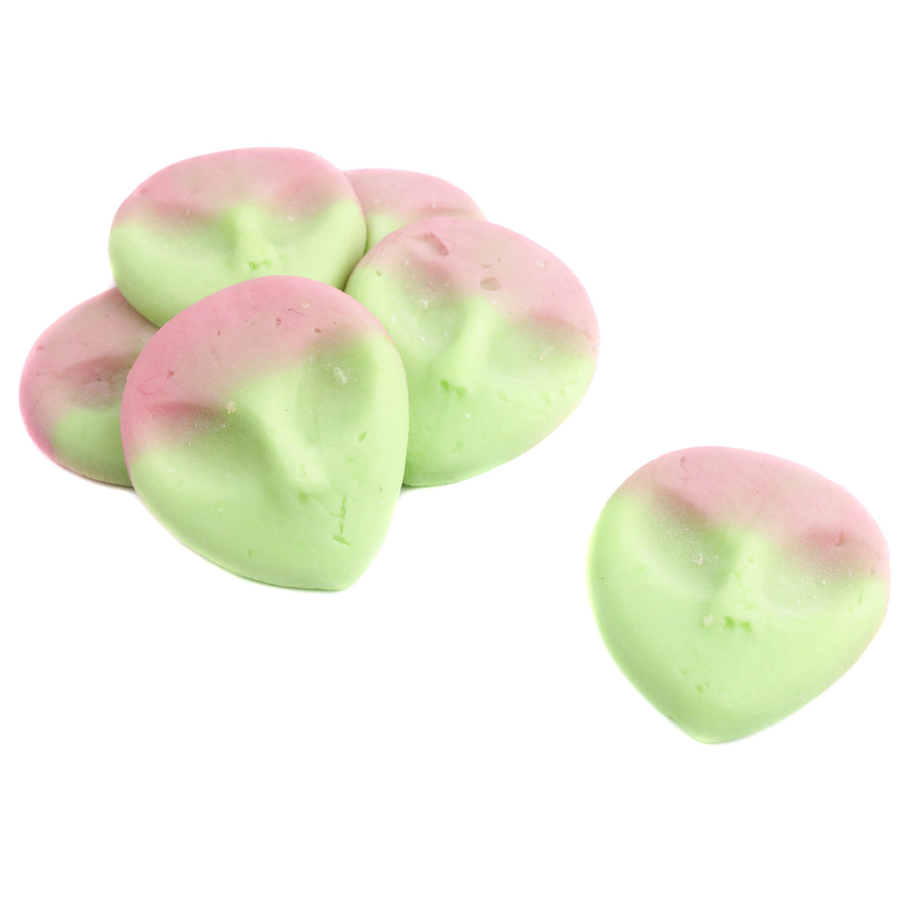 Vibrant pink and light green alien-shaped Gummy Aliens, tangy watermelon flavor, approximately 53 candies per pound.