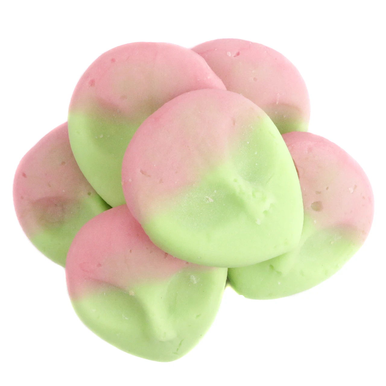 Watermelon Gummy Aliens, vibrant pink and light green. Tangy, alien-shaped gummies, approx 53 per pound.