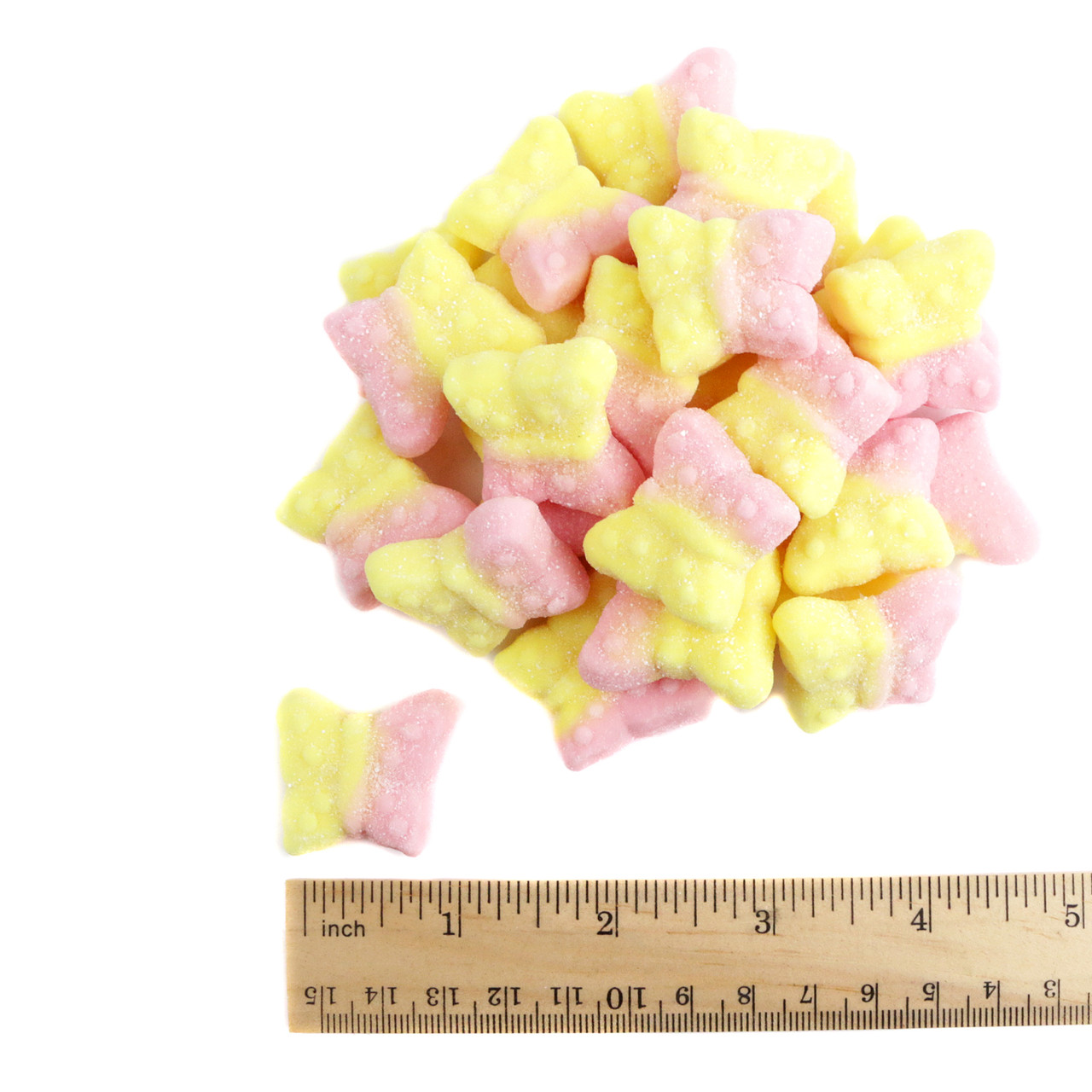 Sour Tutti Frutti Gummy Butterflies, bright colorful butterfly candy, soft chewy, approx 45 per lb.