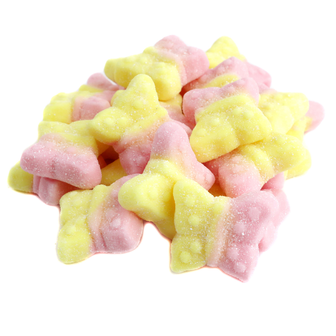 Bright, multi-colored sour Tutti Frutti Gummy Butterflies, chewy, fun butterfly shapes, approx 45 per pound.