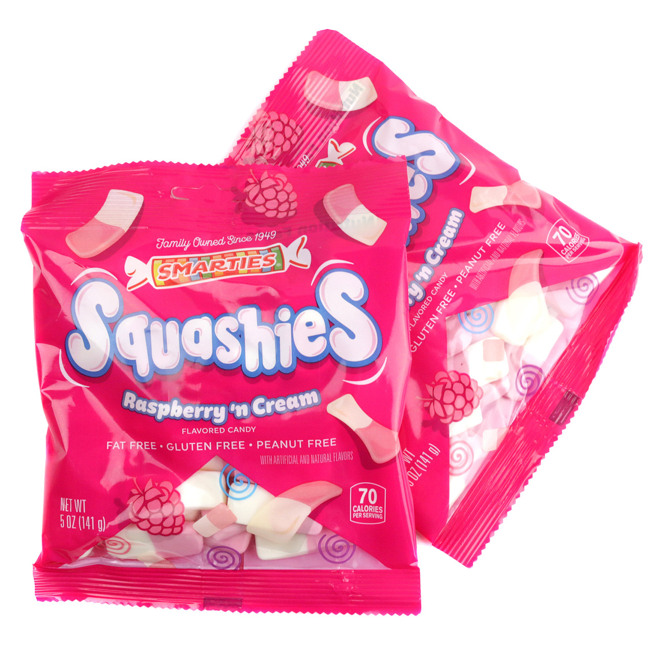 5oz bag Smarties Squashies Raspberry & Cream, soft, chewy pink & white dual-color foam-like candies.