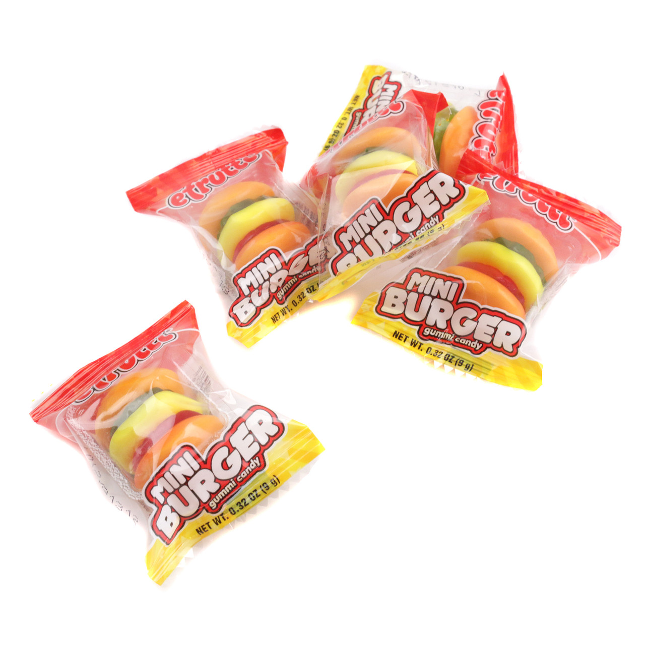 Efrutti Gummy Mini Burgers, 2LB bag, 100 pieces. Yellow bun, green lettuce, orange cheese, brown patty layers.