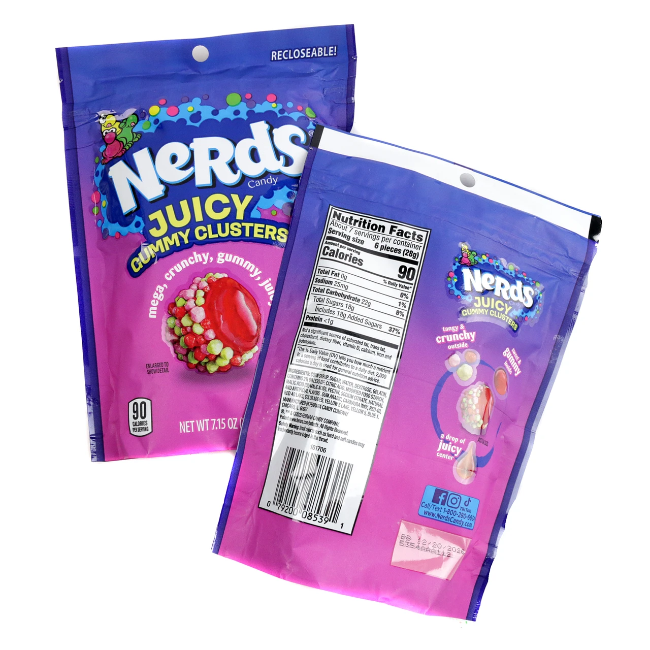 Nerds Juicy Gummy Clusters, red strawberry gummy center, colorful crunchy Nerds coating, 7.15oz bag, 6 pack.