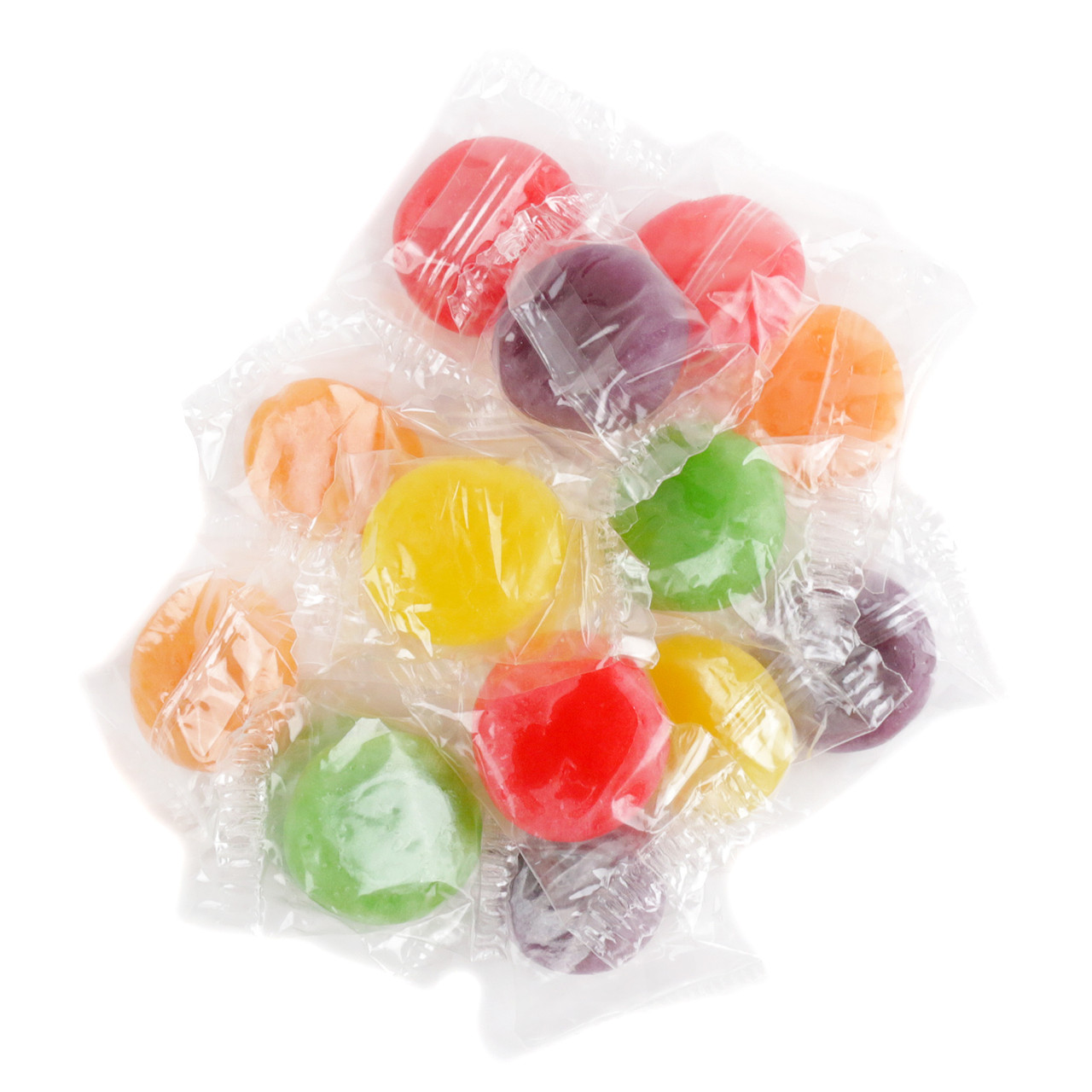 Sunrise Hard Candy Assorted Fruit Mix, 80 pieces per pound. Colorful orange, yellow, red, green fruit candies.