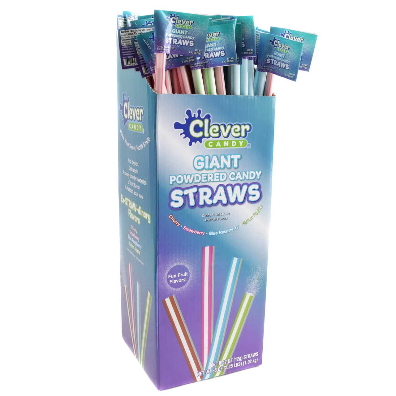 85 giant powdered candy straws, vibrant red, blue, pink, green fruit flavors. Colorful display box packaging.