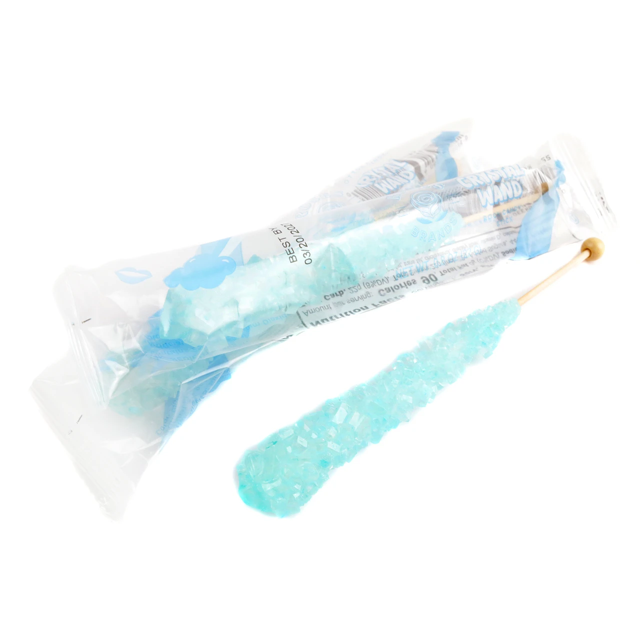 12 individually wrapped light blue cotton candy rock candy sticks, 6 inches long.